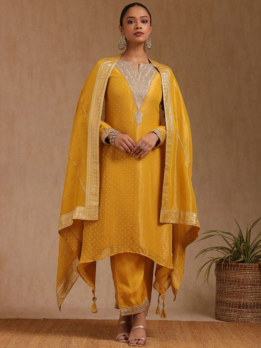 Dhiyona SO Women's Woven Design Ethnic Motifs Sequinned Straight Kurta with Trouser & Dupatta