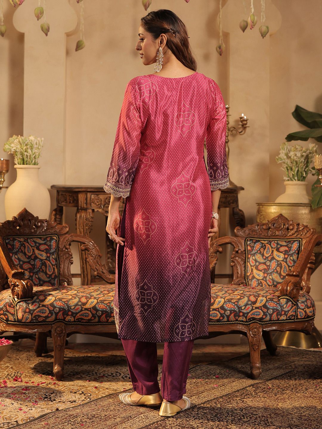 Bandhani Printed Straight Sequinned Kurta With Trousers & Dupatta