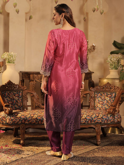 Bandhani Printed Straight Sequinned Kurta With Trousers & Dupatta
