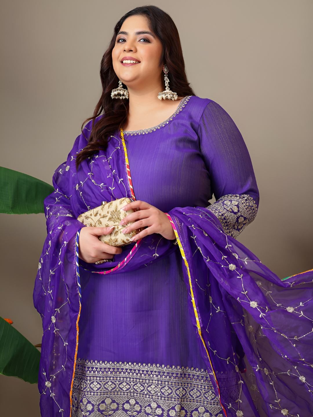 Dhiyona IN Women Plus Size Ethnic Motifs Embroidered Kurta with Sharara & Dupatta