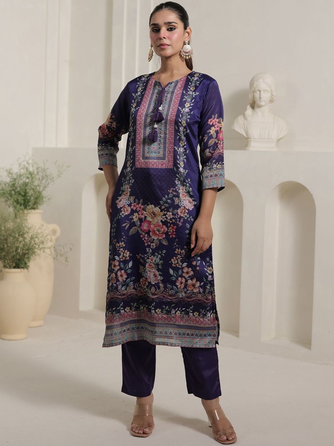 Motif Printed Notch Neck Chinon Mirror Work Straight Kurta & Palazzo With Dupatta
