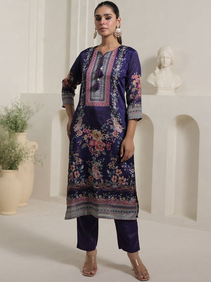 Motif Printed Notch Neck Chinon Mirror Work Straight Kurta & Palazzo With Dupatta