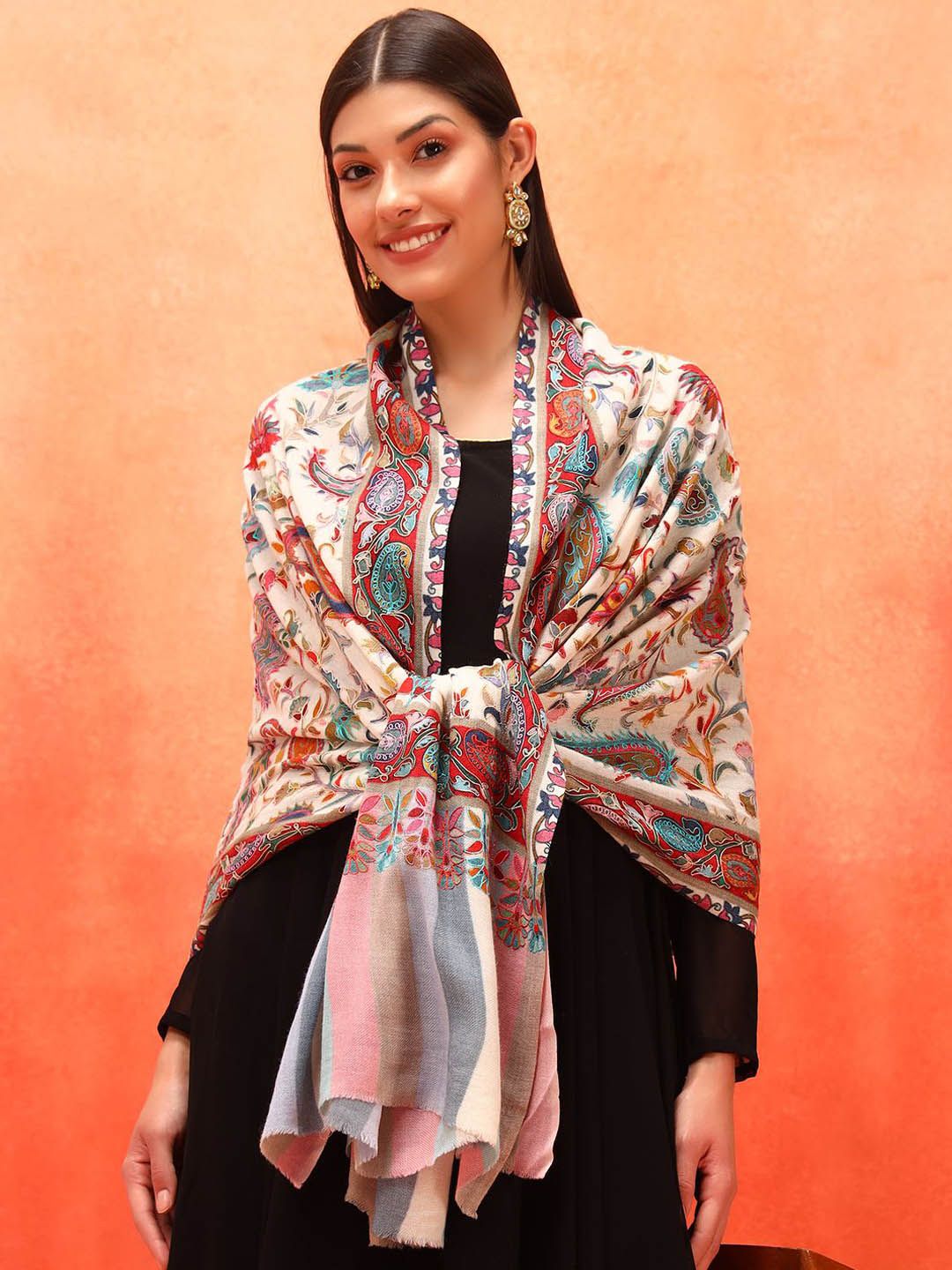 Dhiyona PA Naqqashi Pure Wool Kalamkari Paisley Embroidered Shawl