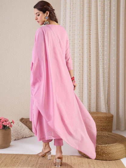 Women Pleated Mirror Work Pure Cotton Kurta with Trousers & With Dupatta