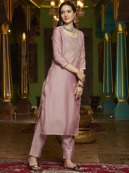 Dhiyona SN Women's Mauve Floral Embroidered Round Neck Straight Kurta With Trouser & Dupatta