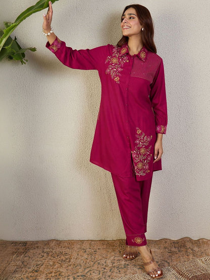 Floral Embroidered Shirt Collar Thread Work Pure Cotton Kurta With Trousers