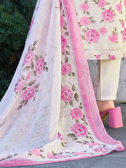 Women Floral Embroidered Regular Thread Work Linen Kurta with Trousers & With Dupatta