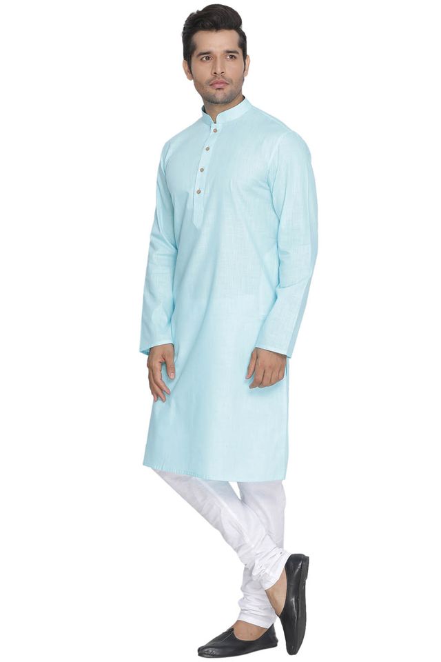 Men's Light Blue Cotton Linen Straight Kurta Pyjama Set