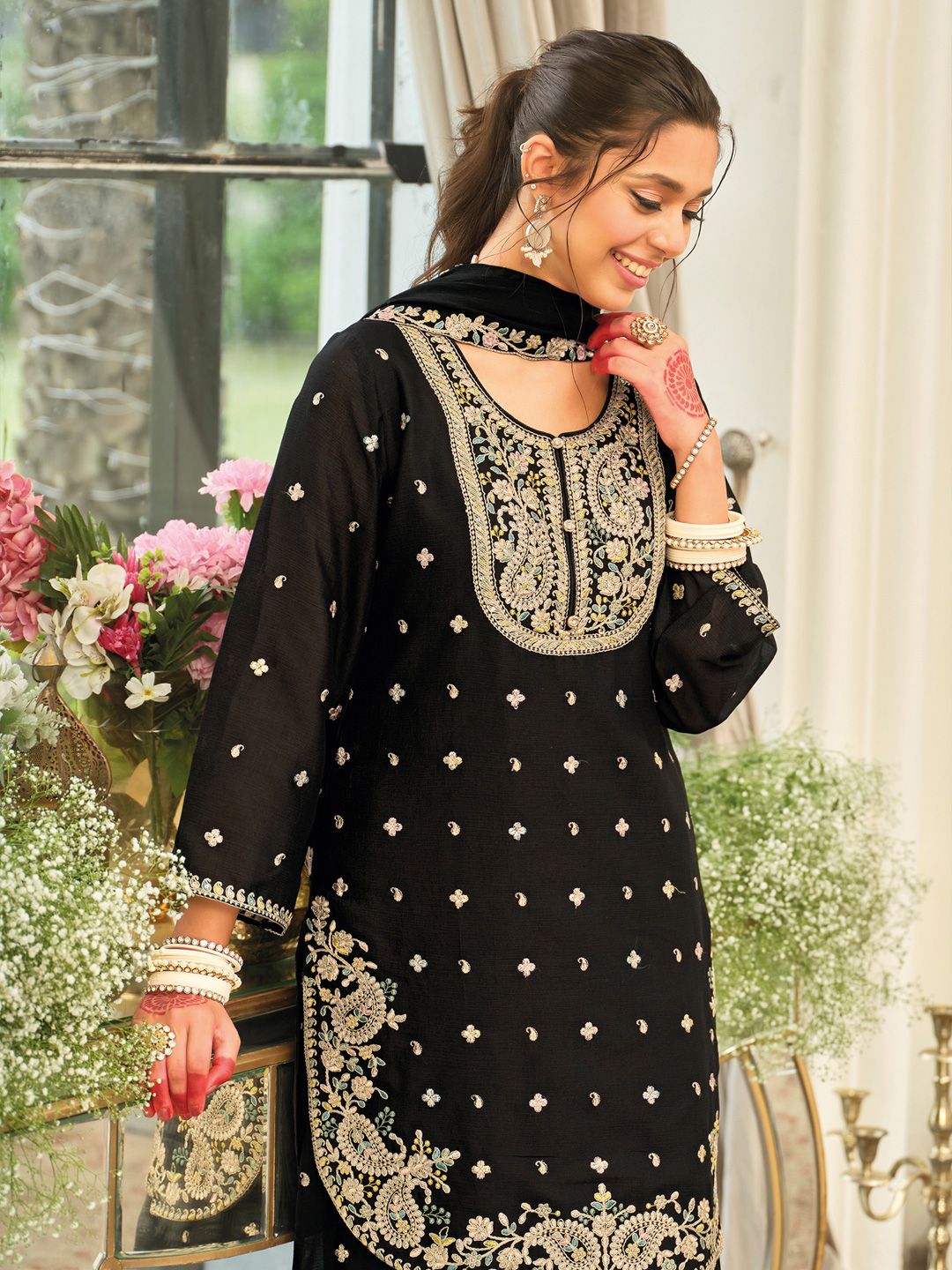 Paisley Embroidered Sequinned Straight Kurta With Palazzos & Dupatta