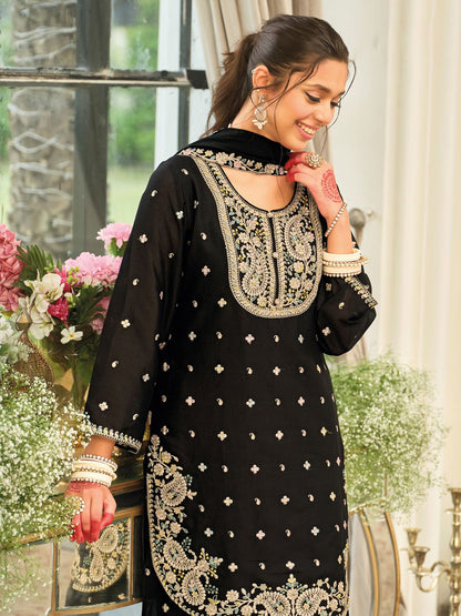 Paisley Embroidered Sequinned Straight Kurta With Palazzos & Dupatta