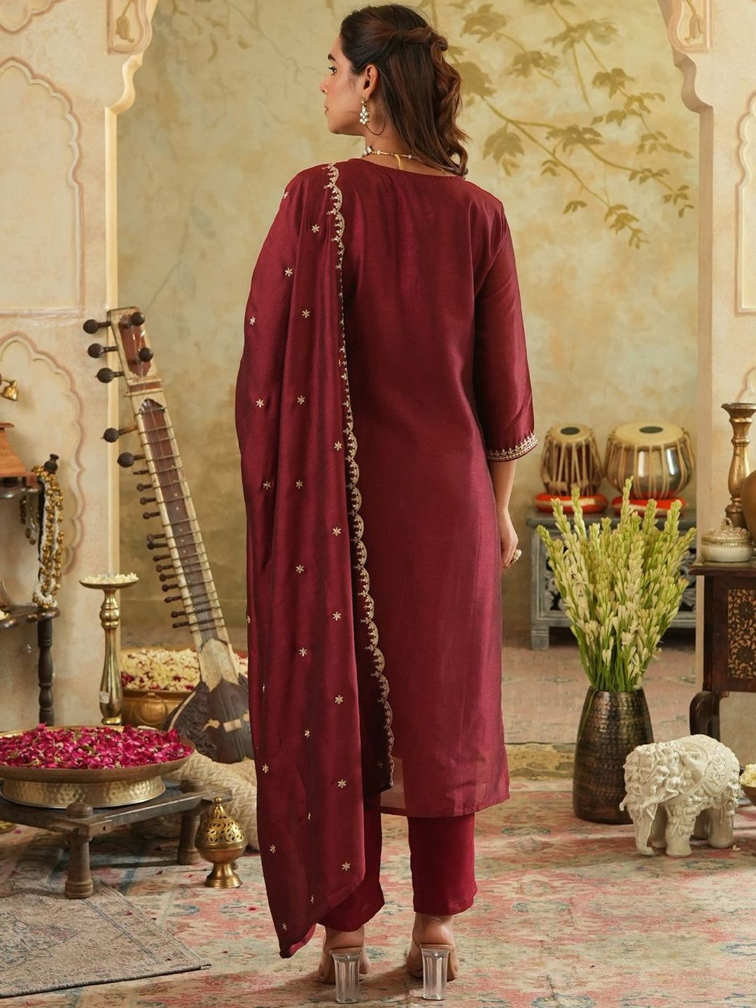 Floral Embroidered Kurta With Trouser & With Dupatta