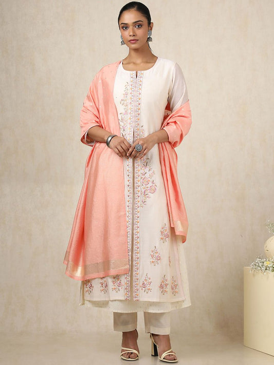 Dhiyona SO Women's Alina Cut Floral Embroidered Thread Work Chanderi Silk A-Line Kurta With Trousers