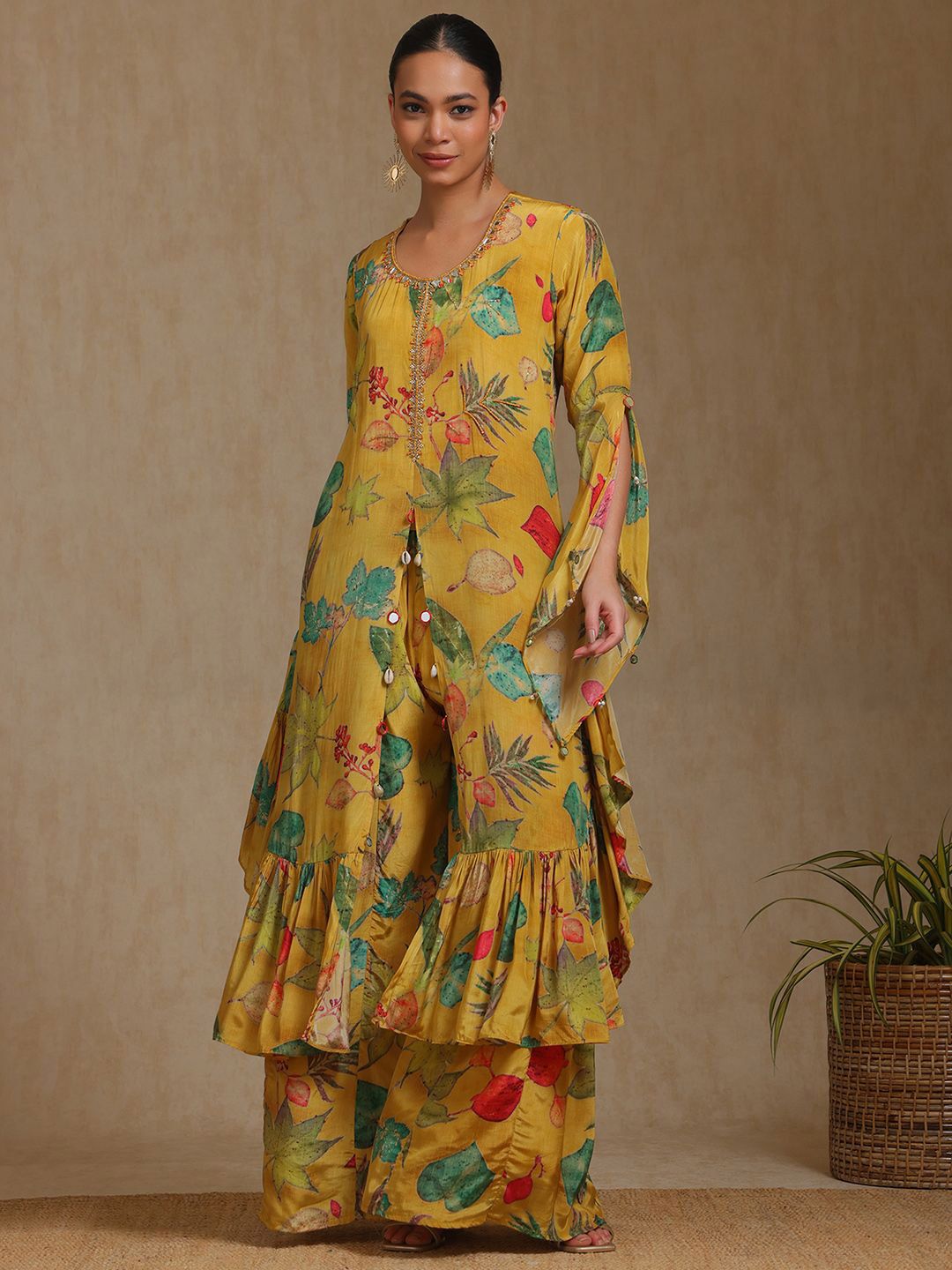 Dhiyona SO Women's Floral Printed Beads And Stones A-Line Kurta With Palazzos