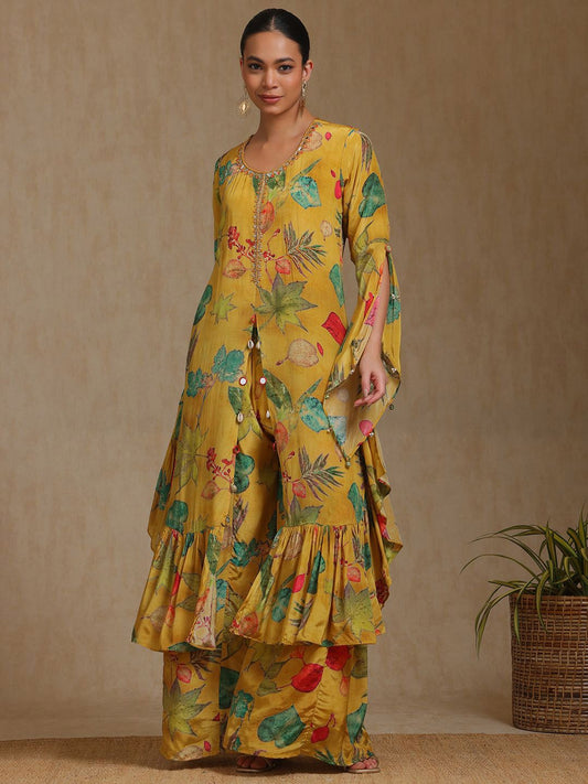 Dhiyona SO Women's Floral Printed Beads And Stones A-Line Kurta With Palazzos