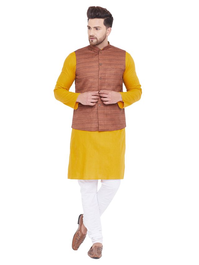 Men's Mustard Cotton Blend Straight Jacket  Kurta and Pyjama Set