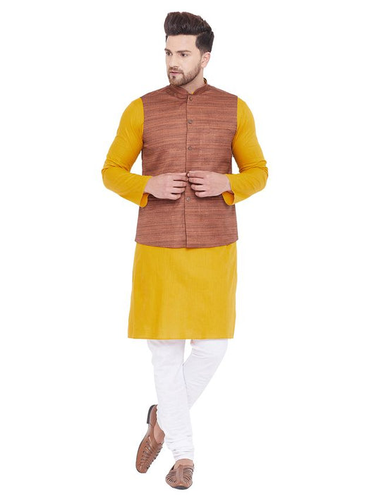 Men's Mustard Cotton Blend Straight Jacket  Kurta and Pyjama Set
