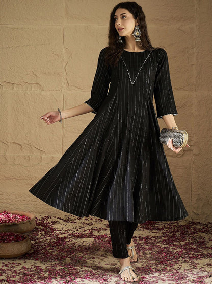 Dhiyona VA Women's Striped Round Neck Gotta Patti Silk Crepe Kurta with Trousers