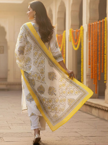 Ethnic Motifs Printed Regular Pure Cotton Straight Kurta With Trousers & Dupatta