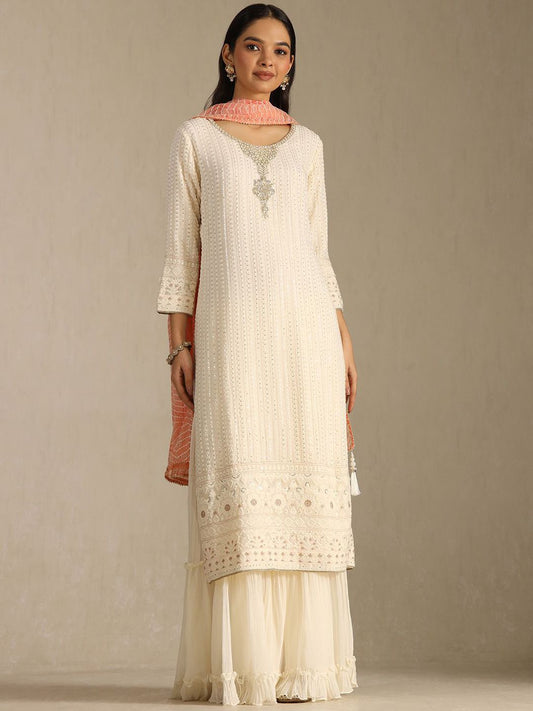 Dhiyona SO Women's Ethnic Motifs Embroidered Beads And Stones Georgette Kurta With Palazzos & Dupatta