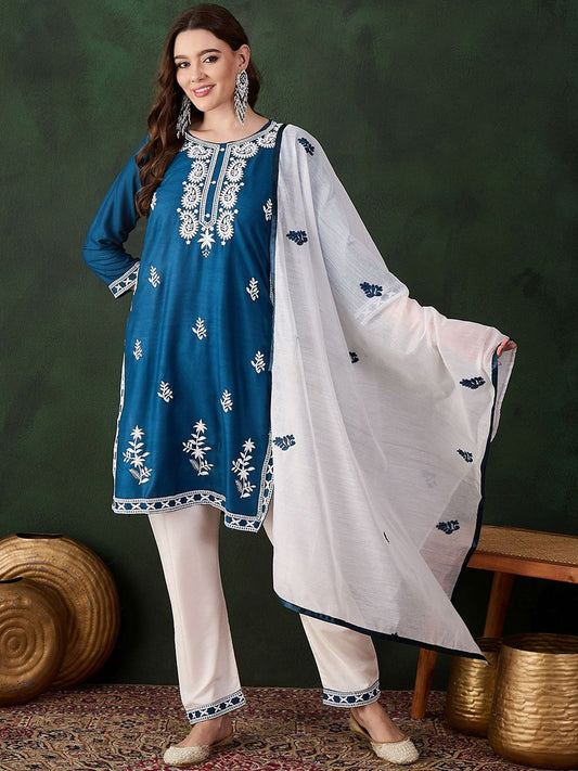 Dhiyona SN Women's Teal Blue Paisley Embroidered Thread Work Straight Kurta & Trouser With Dupatta