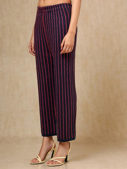 Dhiyona SO Women's Navy Blue Geometric Woven Design Mandarin Collar Acrylic Straight Kurta With Trouser