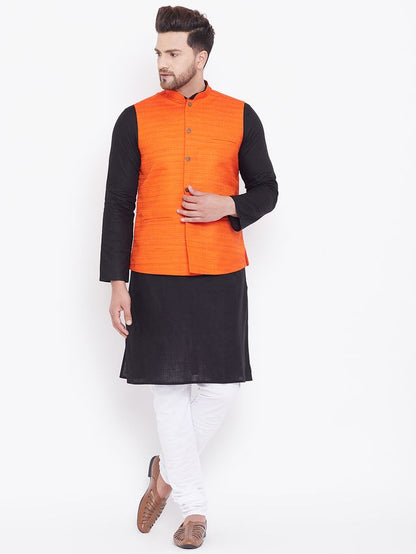 Men's Black Cotton Blend Straight Jacket  Kurta and Pyjama Set