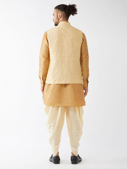 Men's Rose Gold Silk Blend Straight Jacket  Kurta and Dhoti Set