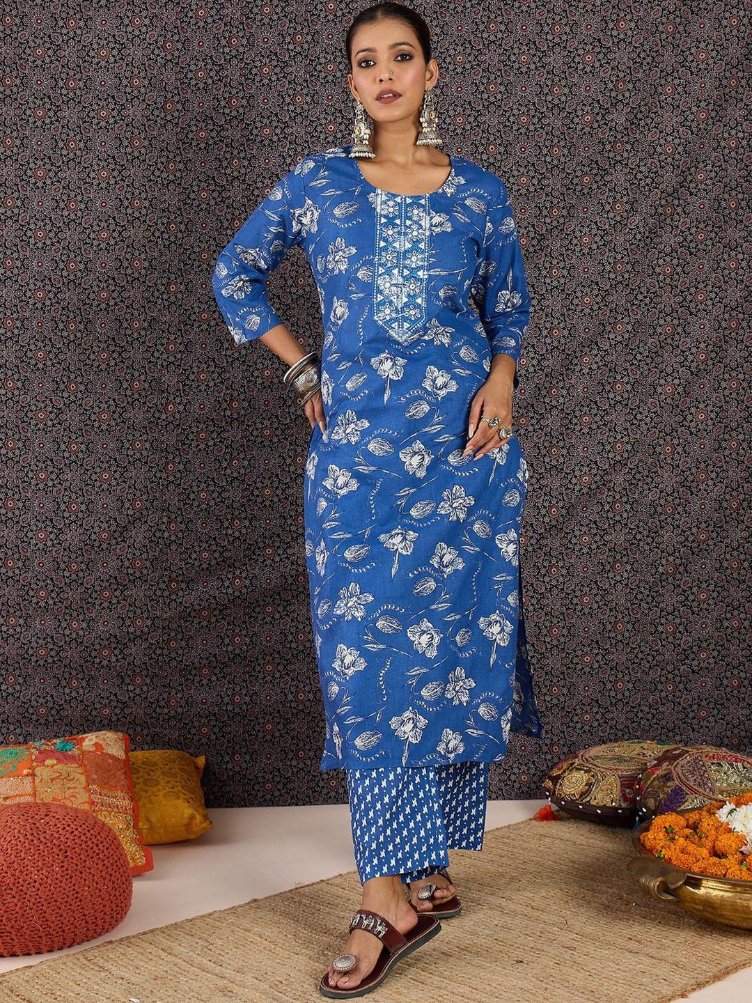 Women Floral Printed Regular Mirror Work Kurta with Trousers & With Dupatta