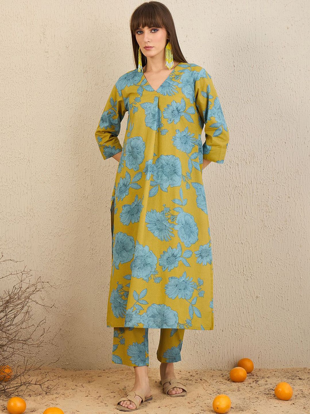 Dhiyona IE Floral Printed V-Neck A-Line Kurta with Trousers