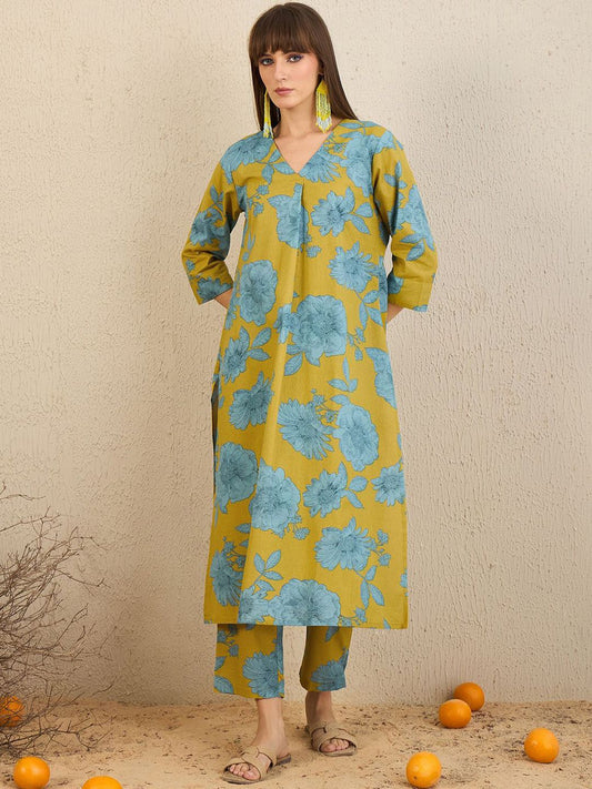 Dhiyona IE Floral Printed V-Neck A-Line Kurta with Trousers