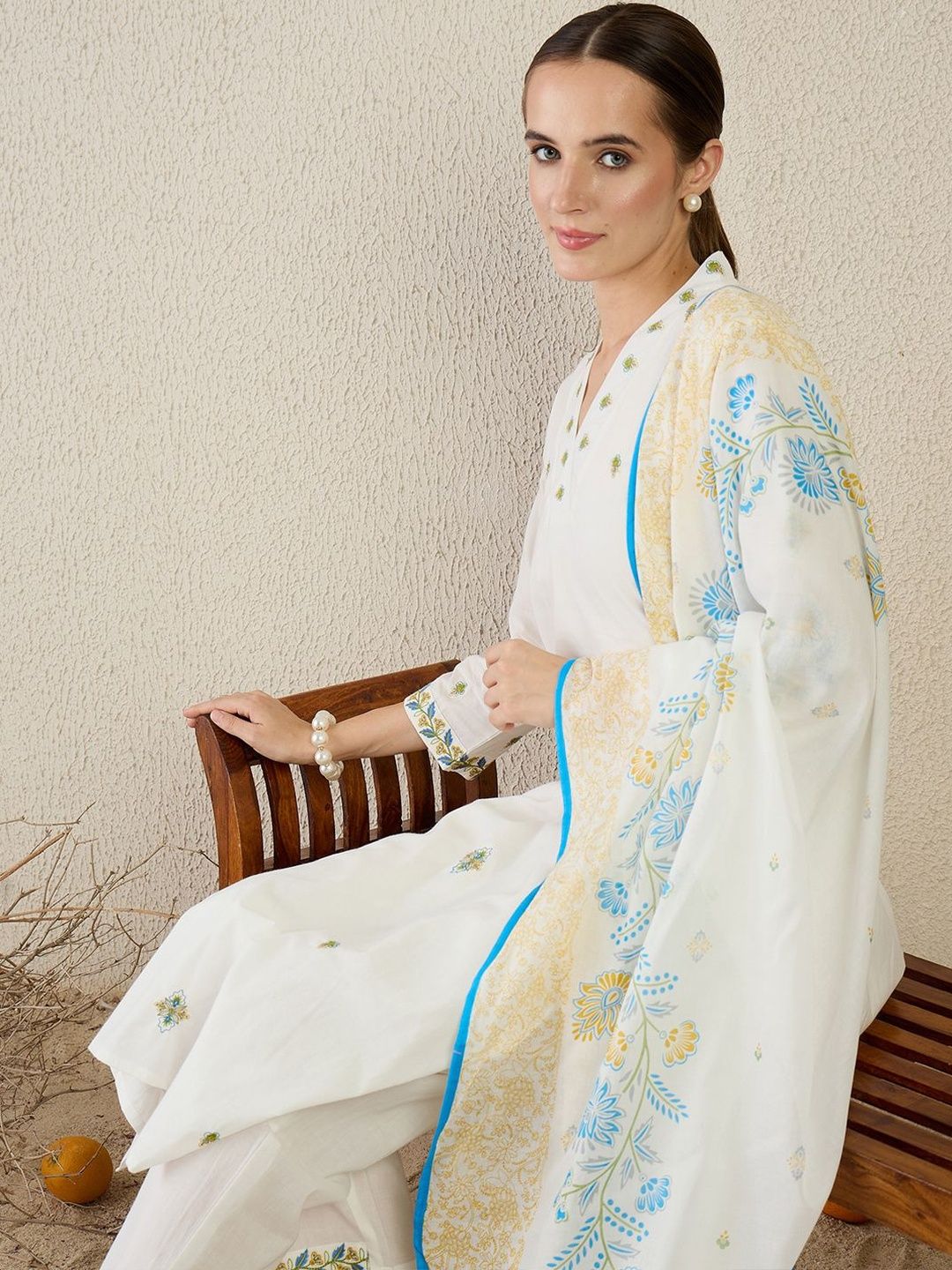 Floral Embroidered Thread Work Pure Cotton Kurta With Trouser & Dupatta