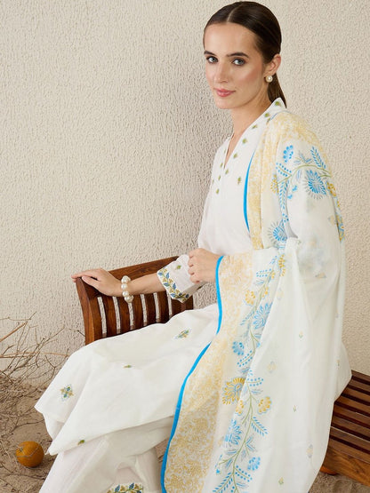 Floral Embroidered Thread Work Pure Cotton Kurta With Trouser & Dupatta
