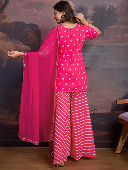 Dhiyona PD Women Bandhani Printed Round Neck Kurta & Sharara With Dupatta