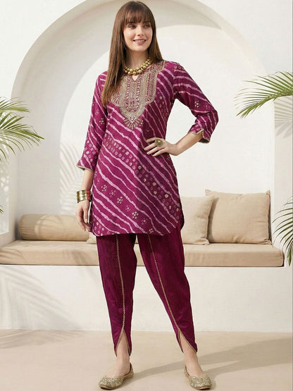 Dhiyona CH Women Leheriya Printed Regular Sequinned Kurta with Dhoti Pants