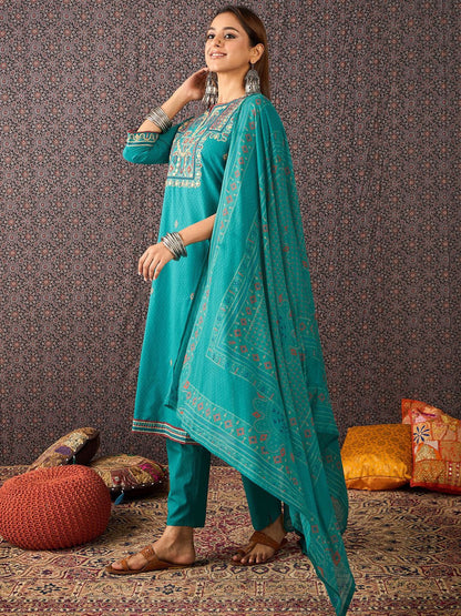 Women Embroidered Straight Kurta Trousers With Dupatta Set