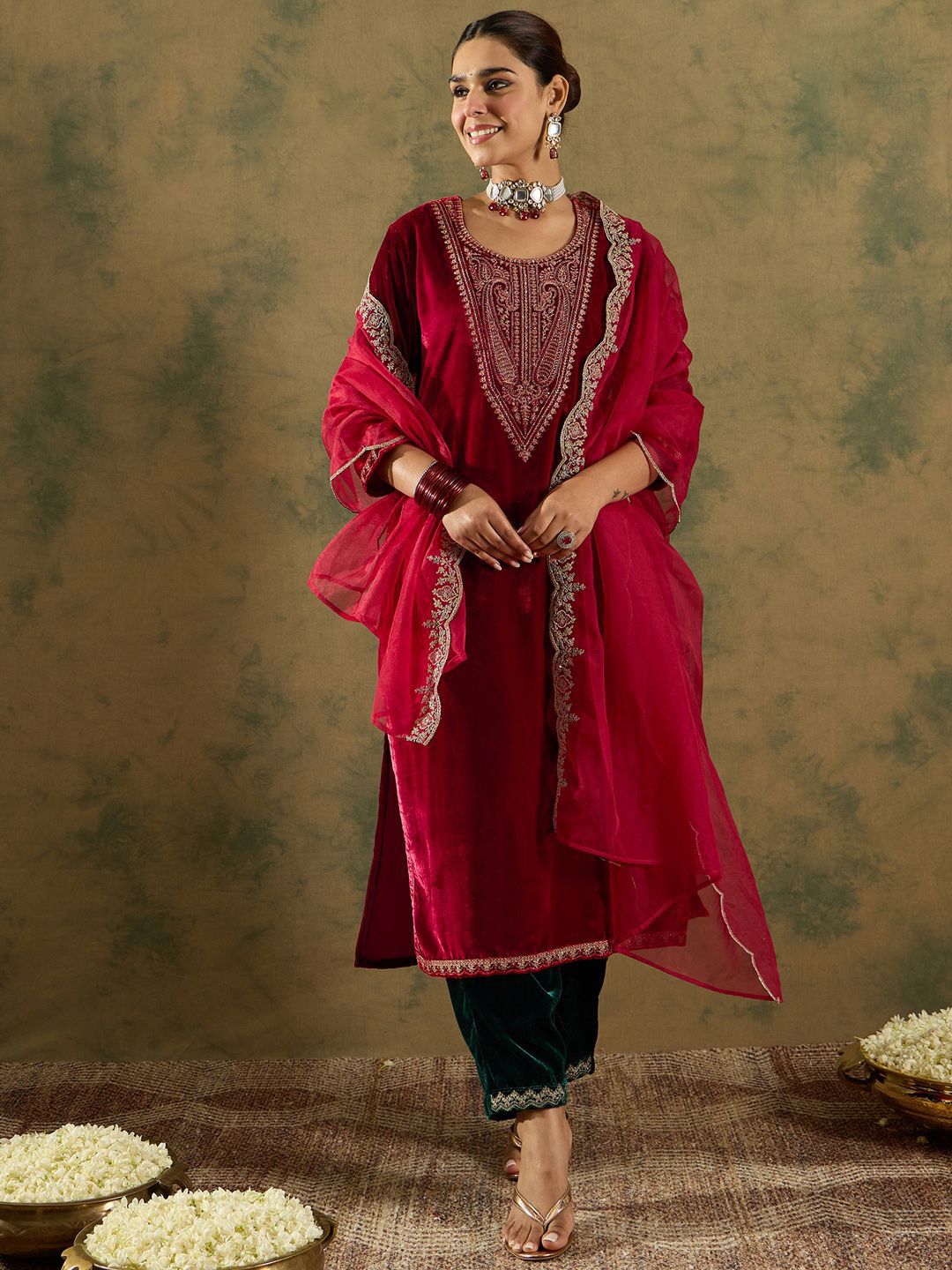 Dhiyona IE Ethnic Motifs Embroidered Regular Velvet Straight Kurta with Trousers & Dupatta
