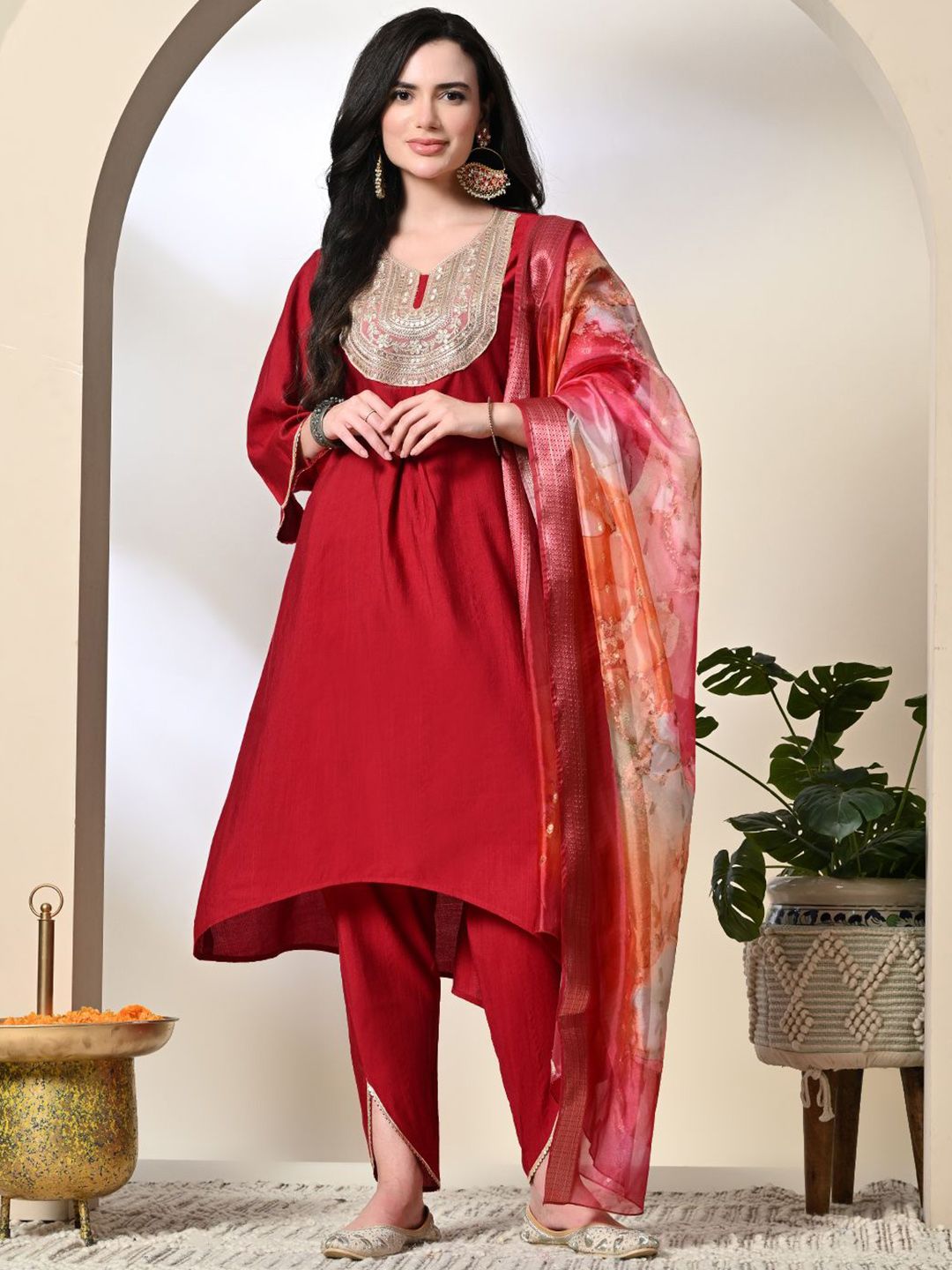 Dhiyona SN Women's Floral Yoke Design Pleated Sequinned A-Line Kurta With Dhoti Pants & Dupatta