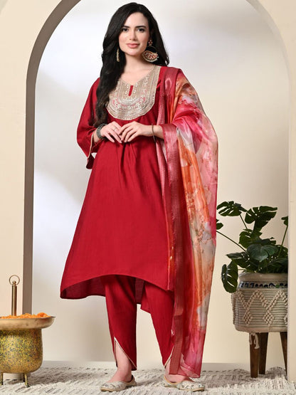 Dhiyona SN Women's Floral Yoke Design Pleated Sequinned A-Line Kurta With Dhoti Pants & Dupatta