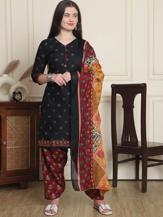 Dhiyona KL Floral Printed V-Neck Straight Kurta With Patiala & Dupatta