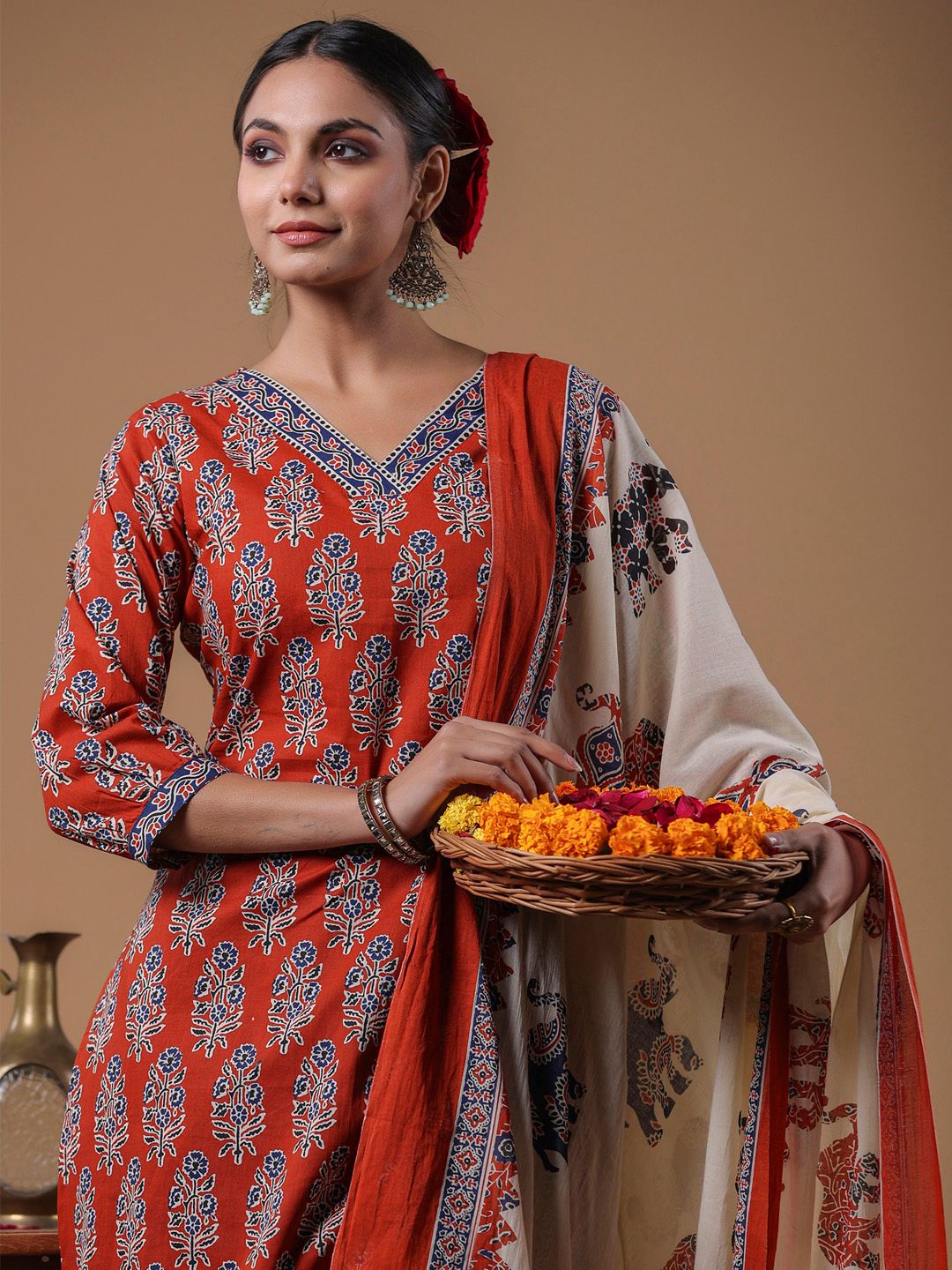 Women Rust Ethnic Motifs Printed Regular Pure Cotton Kurta with Trousers & With Dupatta