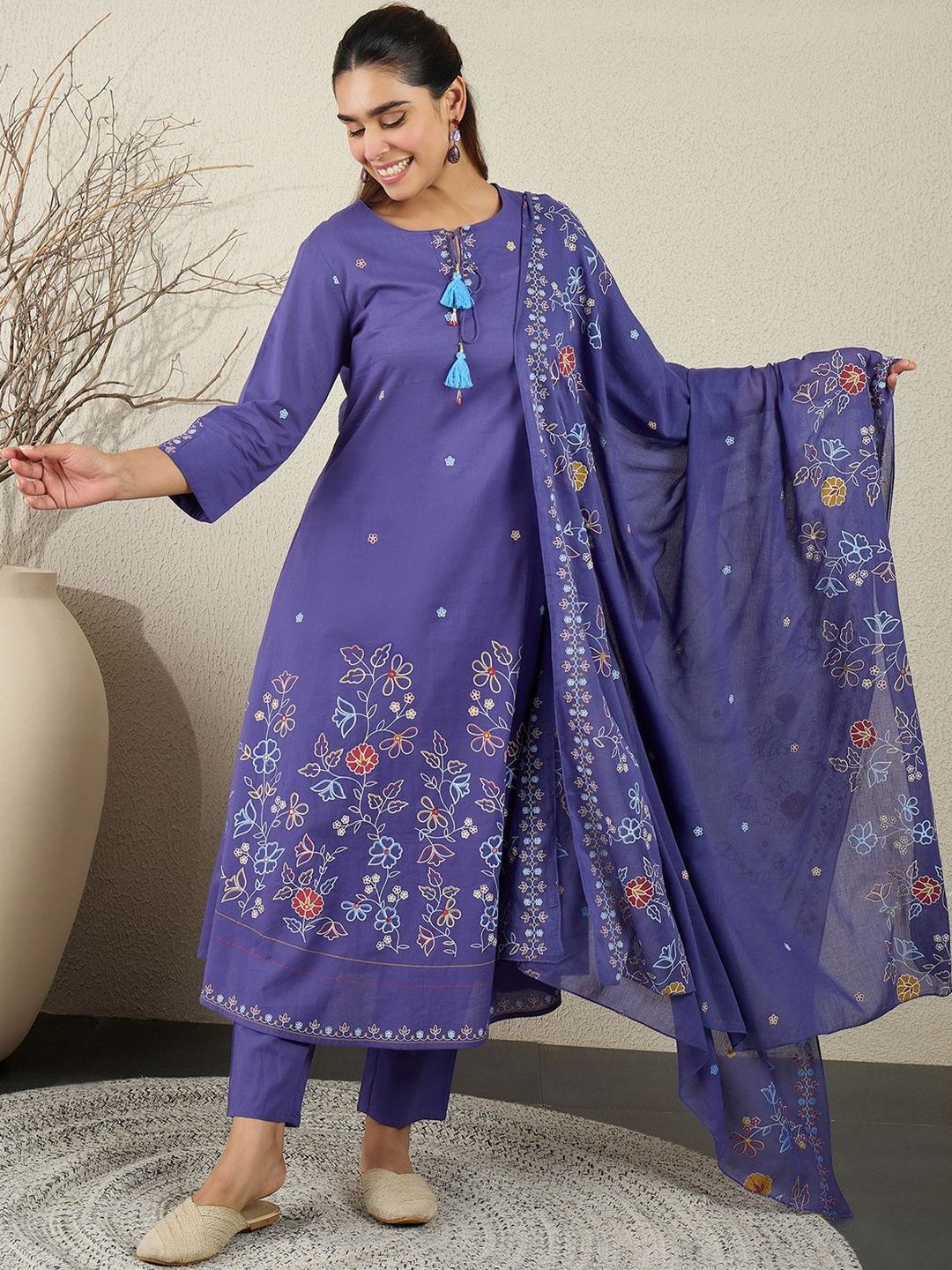 Women Floral Embroidered Cotton A-Line Kurta with Trousers & Dupatta