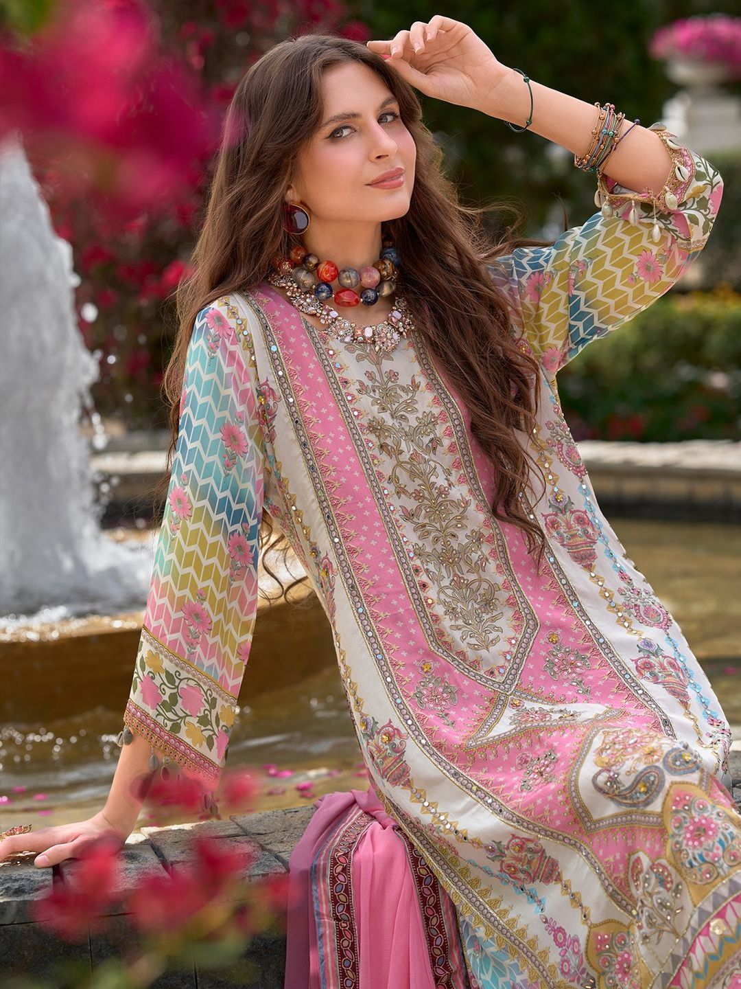 Ethnic Motifs Printed Mirror Work Liva Kurta With Trouser & Dupatta