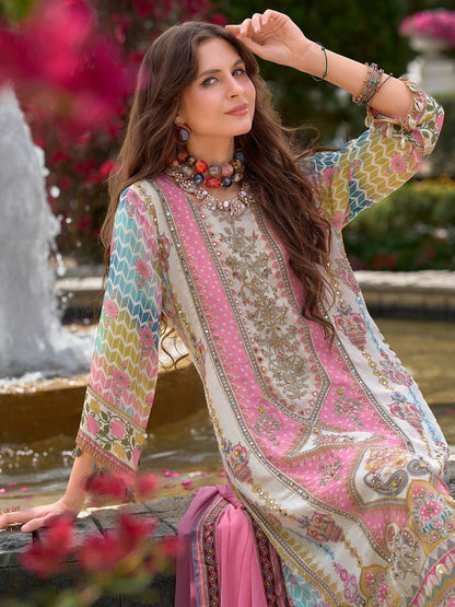 Ethnic Motifs Printed Mirror Work Liva Kurta With Trouser & Dupatta