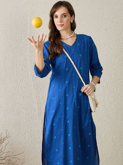 Dhiyona IE Geometric Printed Pure Cotton V-Neck Top With Trousers Co-Ords