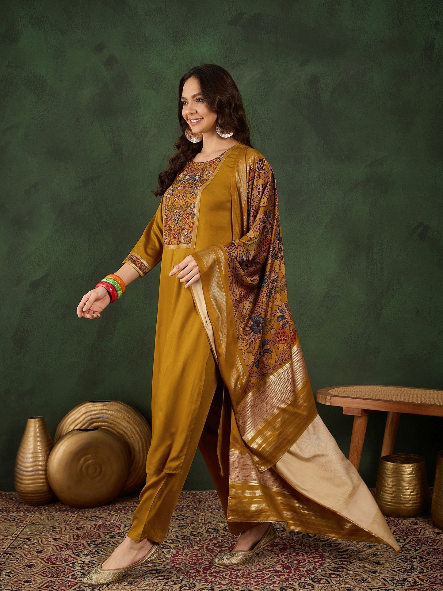 Dhiyona SN Women's Floral Printed Sequinned Straight Kurta With Trouser And Dupatta