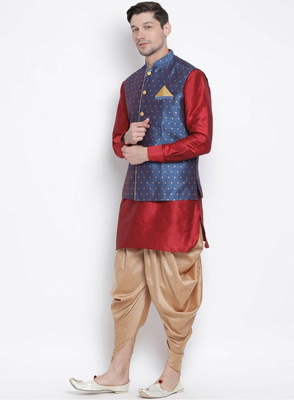 Men's Maroon Silk Blend Straight Jacket  Kurta and Dhoti Set