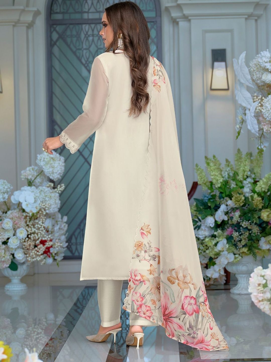 Floral Embroidered Thread Work Kurta With Trousers & Dupatta