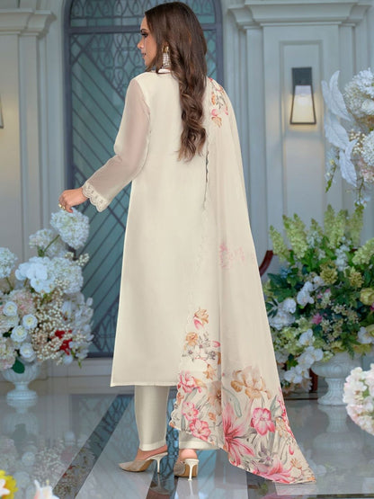 Floral Embroidered Thread Work Kurta With Trousers & Dupatta