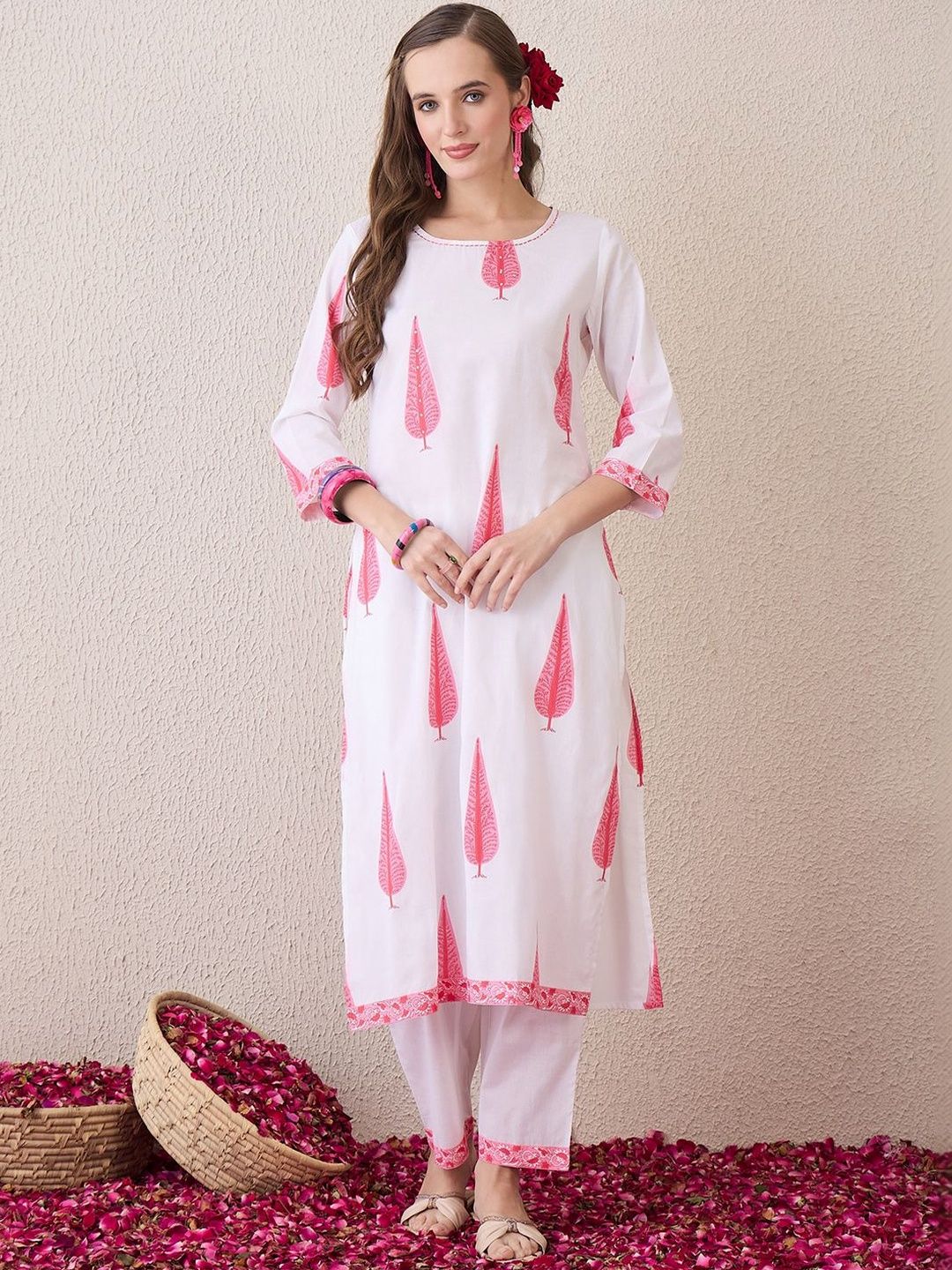 Women Ethnic Motifs Printed Regular Thread Work Pure Cotton Kurta with Trousers & With Dupatta