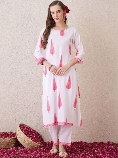 Women Ethnic Motifs Printed Regular Thread Work Pure Cotton Kurta with Trousers & With Dupatta